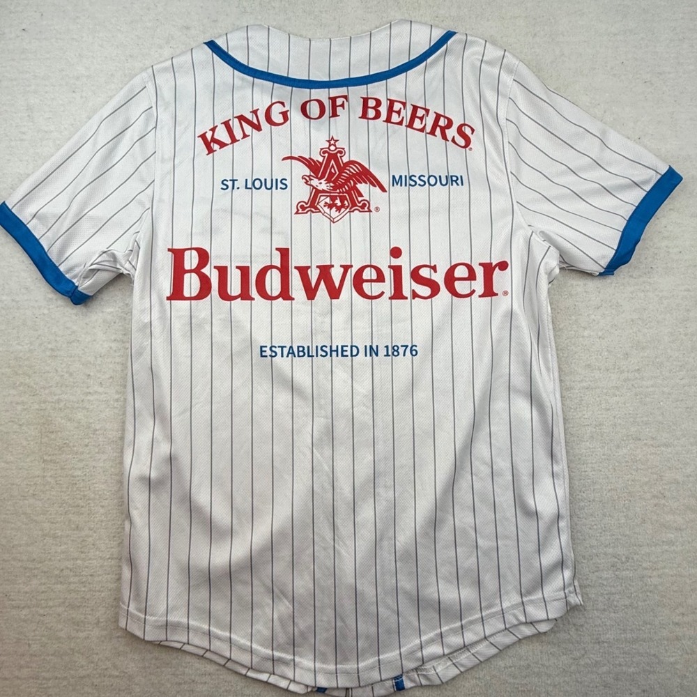 Budweiser Baseball Jersey Mens Small White Blue Pinstripe King of Beers Graphic - Picture 5 of 9